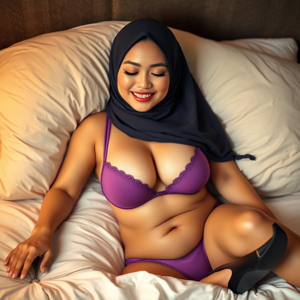 A beautiful Chinese woman in a hijab, with braces on her teeth, featuring a curvy and fuller figure