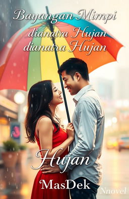 A captivating novel cover design for 'Bayangan Mimpi diantara Hujan', featuring a romantic scene of a man and woman standing in the rain under a colorful umbrella