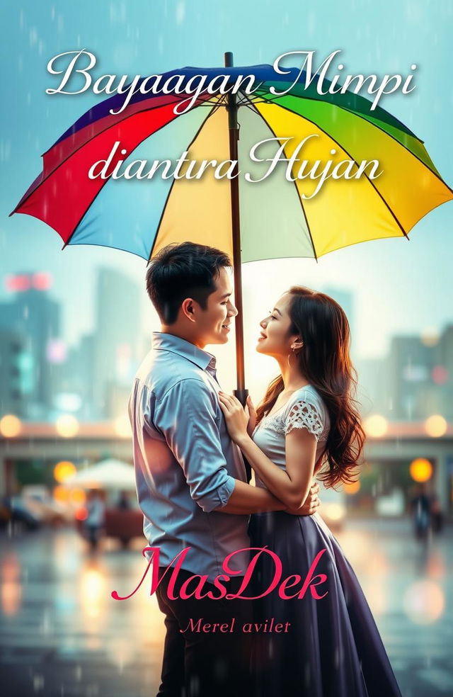 A captivating novel cover design for 'Bayangan Mimpi diantara Hujan', featuring a romantic scene of a man and woman standing in the rain under a colorful umbrella