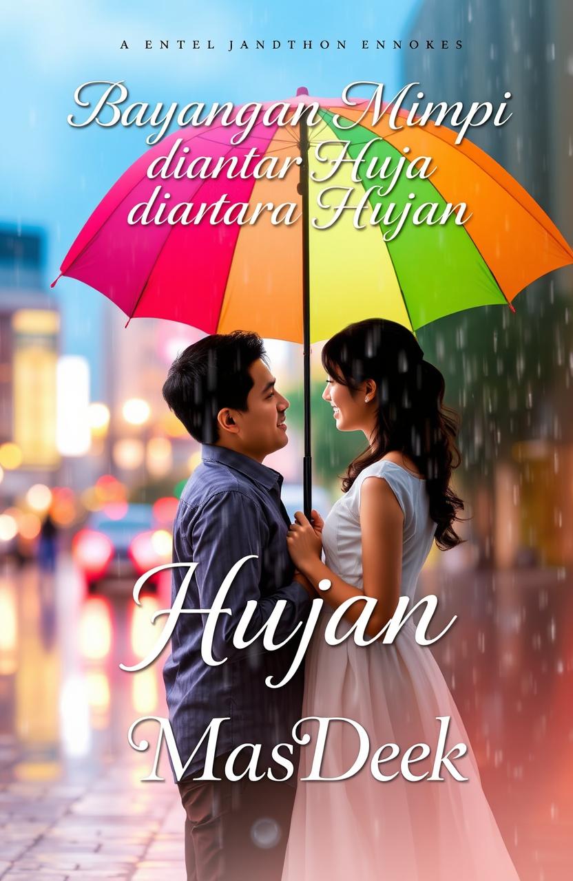 A captivating novel cover design for 'Bayangan Mimpi diantara Hujan', featuring a romantic scene of a man and woman standing in the rain under a colorful umbrella