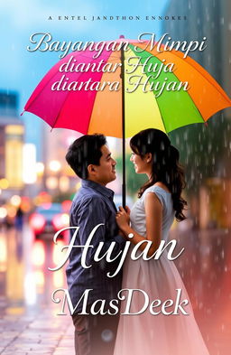 A captivating novel cover design for 'Bayangan Mimpi diantara Hujan', featuring a romantic scene of a man and woman standing in the rain under a colorful umbrella