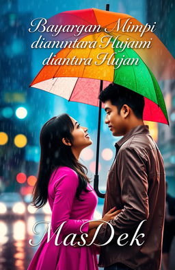 A captivating novel cover design for 'Bayangan Mimpi diantara Hujan', featuring a romantic scene of a man and woman standing in the rain under a colorful umbrella