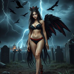 A realistic photograph featuring a beautiful, hourglass-shaped girl with very long black, red, and silver hair