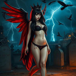 A realistic photograph featuring a beautiful, hourglass-shaped girl with very long black, red, and silver hair