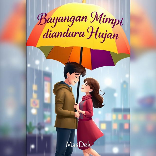 An animated novel cover design for 'Bayangan Mimpi diantara Hujan', showcasing a charming scene of a man and woman standing together in the rain beneath a colorful umbrella