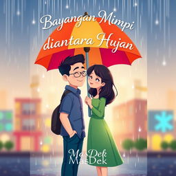 An animated novel cover design for 'Bayangan Mimpi diantara Hujan', showcasing a charming scene of a man and woman standing together in the rain beneath a colorful umbrella