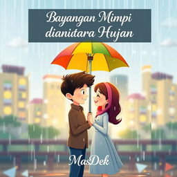 An animated novel cover design for 'Bayangan Mimpi diantara Hujan', showcasing a charming scene of a man and woman standing together in the rain beneath a colorful umbrella