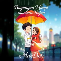An animated novel cover design for 'Bayangan Mimpi diantara Hujan', showcasing a charming scene of a man and woman standing together in the rain beneath a colorful umbrella