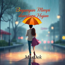 An animated novel cover design for 'Bayangan Mimpi diantara Hujan', featuring a man and woman walking together in the rain, facing away from the viewer, holding a colorful umbrella