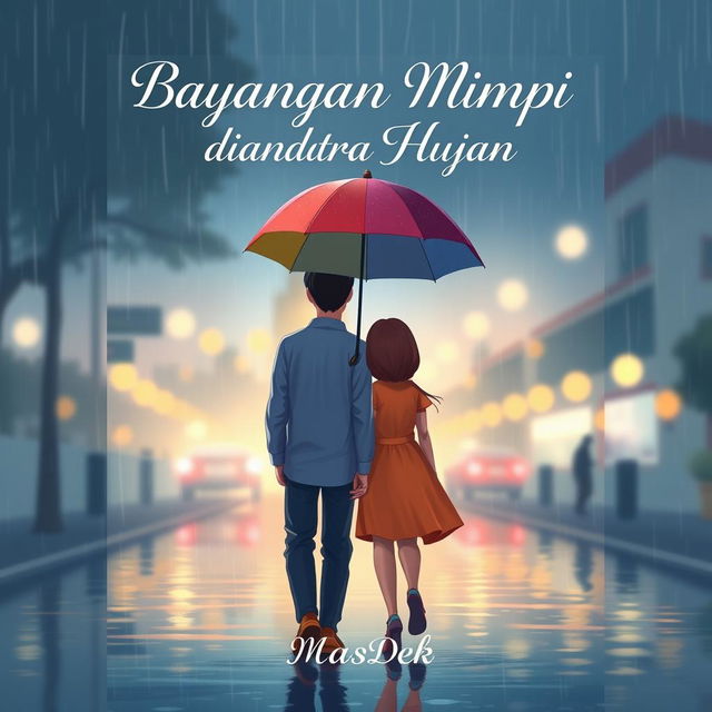 An animated novel cover design for 'Bayangan Mimpi diantara Hujan', featuring a man and woman walking together in the rain, facing away from the viewer, holding a colorful umbrella