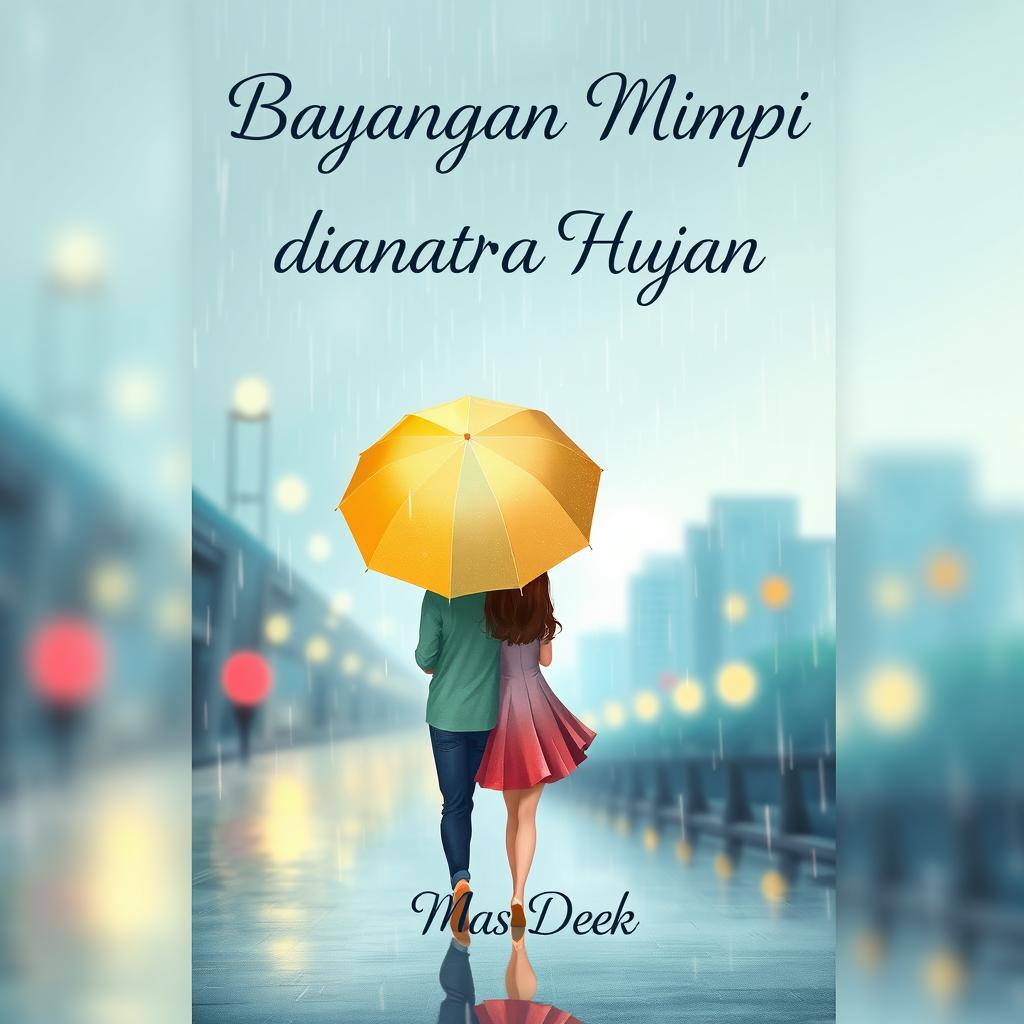 An animated novel cover design for 'Bayangan Mimpi diantara Hujan', featuring a man and woman walking together in the rain, facing away from the viewer, holding a colorful umbrella