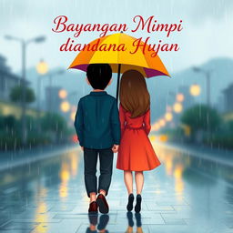 An animated novel cover design for 'Bayangan Mimpi diantara Hujan', featuring a man and woman walking together in the rain, facing away from the viewer, holding a colorful umbrella