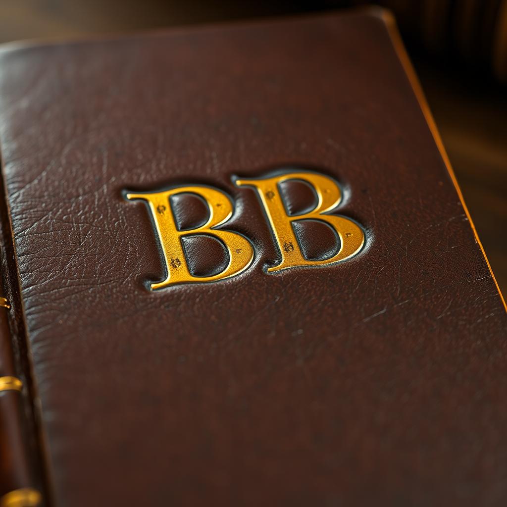 A detailed front view of an old leather bound book featuring a textured cover with the letters 'BB' elegantly embossed in gold