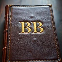 A detailed front view of an old leather bound book featuring a textured cover with the letters 'BB' elegantly embossed in gold
