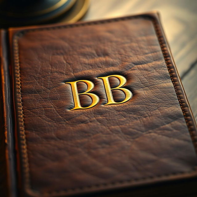 A detailed front view of an old leather bound book featuring a textured cover with the letters 'BB' elegantly embossed in gold