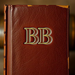 A detailed front view of an old leather bound book featuring a textured cover with the letters 'BB' elegantly embossed in gold
