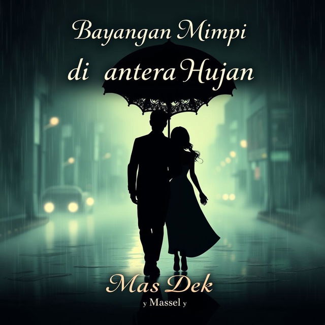 An intriguing animated novel cover design for 'Bayangan Mimpi di antara Hujan', featuring a silhouette of a man and woman walking together in the rain, holding a large, ornate umbrella