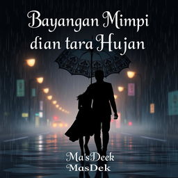 An intriguing animated novel cover design for 'Bayangan Mimpi di antara Hujan', featuring a silhouette of a man and woman walking together in the rain, holding a large, ornate umbrella