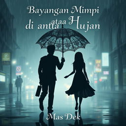 An intriguing animated novel cover design for 'Bayangan Mimpi di antara Hujan', featuring a silhouette of a man and woman walking together in the rain, holding a large, ornate umbrella