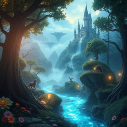 A stunning fantasy game background featuring a mystical forest with towering trees, bioluminescent plants, and a serene, sparkling river