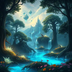 A stunning fantasy game background featuring a mystical forest with towering trees, bioluminescent plants, and a serene, sparkling river