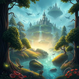 A stunning fantasy game background featuring a mystical forest with towering trees, bioluminescent plants, and a serene, sparkling river
