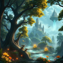 A stunning fantasy game background featuring a mystical forest with towering trees, bioluminescent plants, and a serene, sparkling river