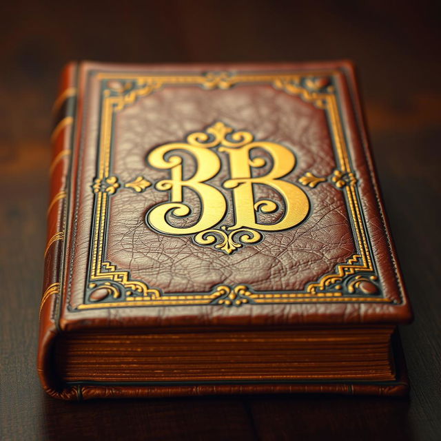 A fancy old leather bound book viewed head-on, showcasing an intricately designed cover