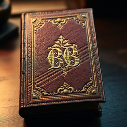 A fancy old leather bound book viewed head-on, showcasing an intricately designed cover