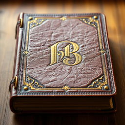 A fancy old leather bound book viewed head-on, showcasing an intricately designed cover