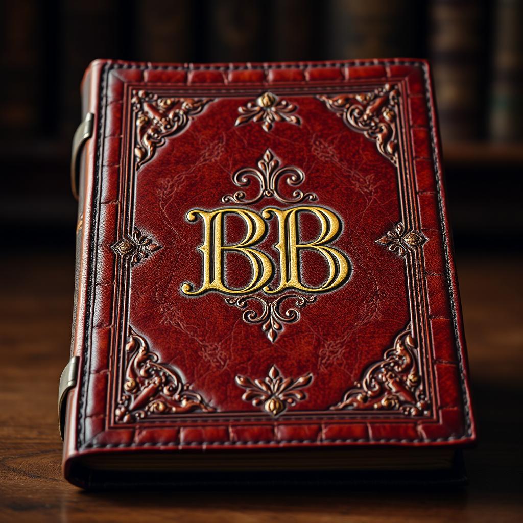 A fancy old leather bound book viewed head-on, showcasing an intricately designed cover