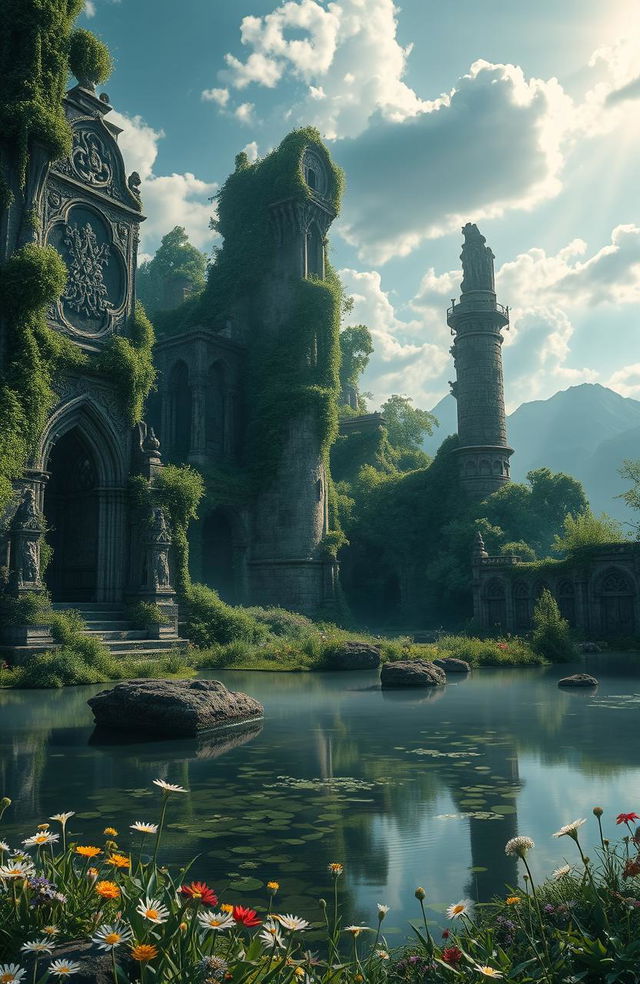 A mystical landscape of a lost city, featuring ancient ruins overgrown with lush greenery