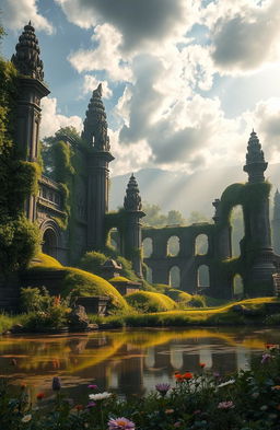 A mystical landscape of a lost city, featuring ancient ruins overgrown with lush greenery