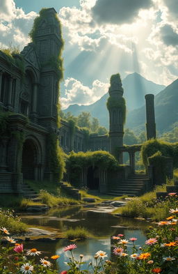 A mystical landscape of a lost city, featuring ancient ruins overgrown with lush greenery