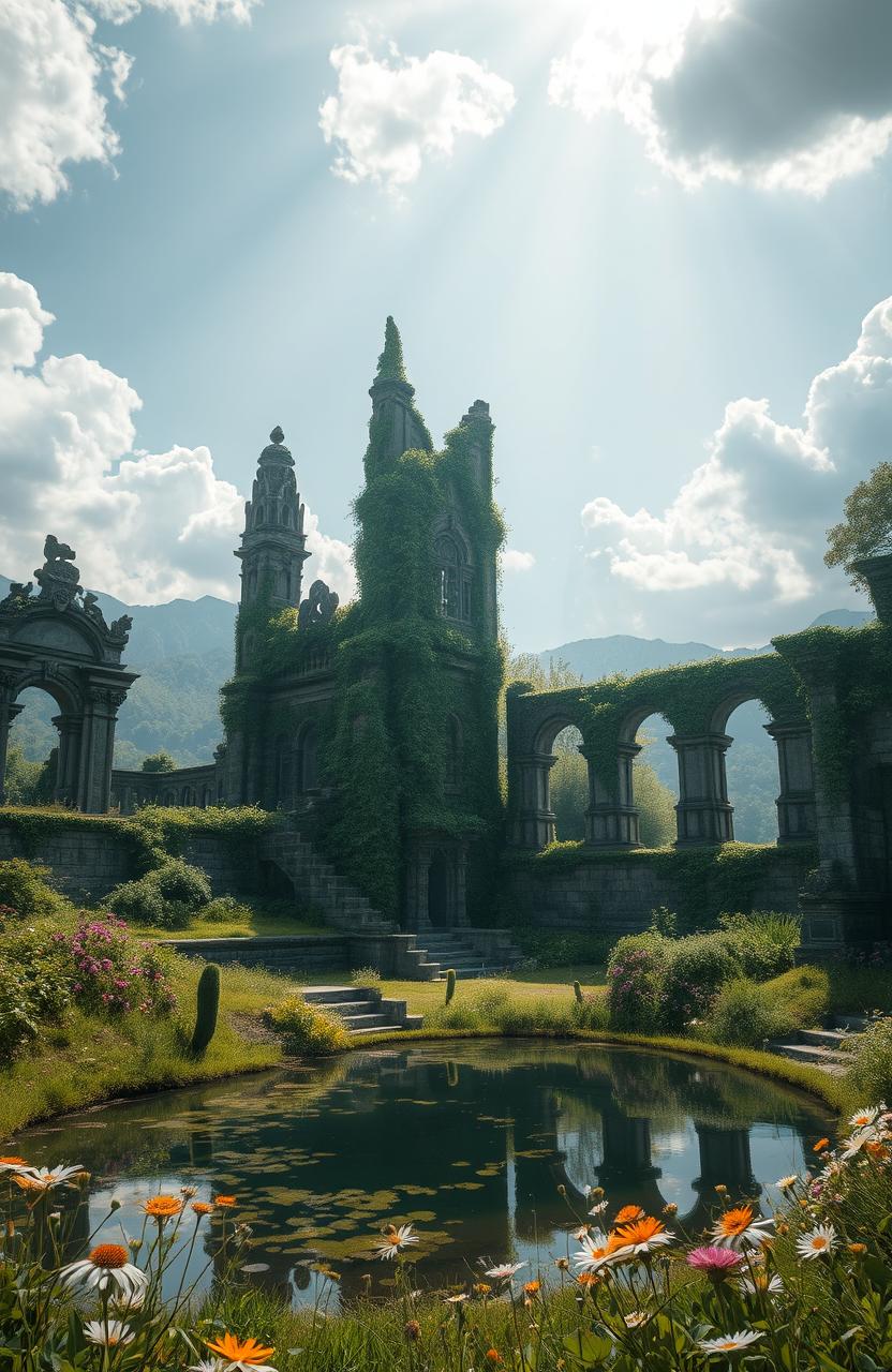 A mystical landscape of a lost city, featuring ancient ruins overgrown with lush greenery