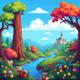 A captivating pixel art background for a fantasy game, depicting a vibrant enchanted forest