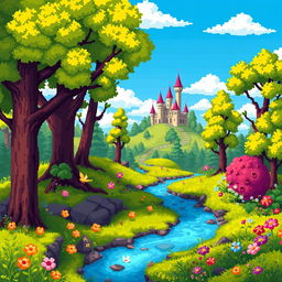 A captivating pixel art background for a fantasy game, depicting a vibrant enchanted forest