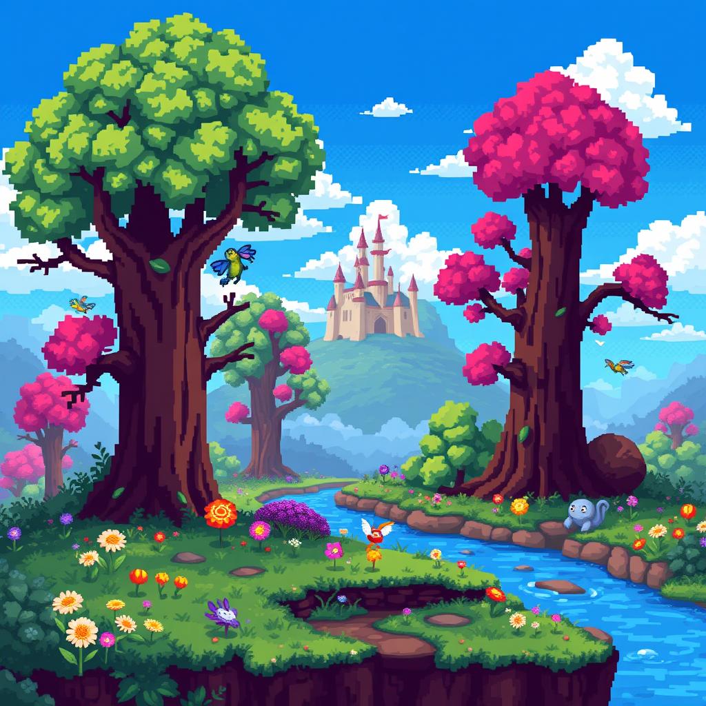 A captivating pixel art background for a fantasy game, depicting a vibrant enchanted forest