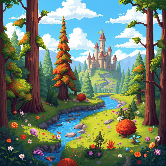 A captivating pixel art background for a fantasy game, depicting a vibrant enchanted forest