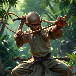 A dark-skinned bald halfling monk, dressed in traditional martial arts attire, skillfully wielding a long, flexible whip