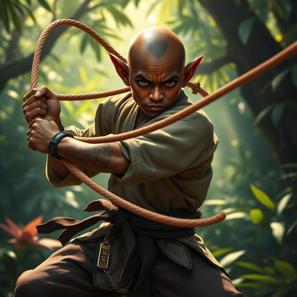 A dark-skinned bald halfling monk, dressed in traditional martial arts attire, skillfully wielding a long, flexible whip