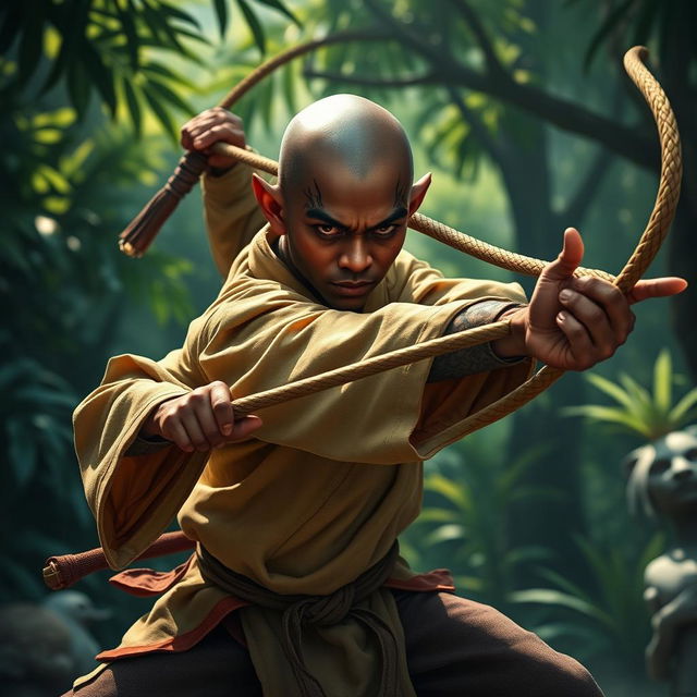 A dark-skinned bald halfling monk, dressed in traditional martial arts attire, skillfully wielding a long, flexible whip