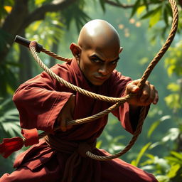 A dark-skinned bald halfling monk, dressed in traditional martial arts attire, skillfully wielding a long, flexible whip