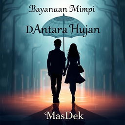 An animated novel cover design for 'Bayangan Mimpi Di Antara Hujan', featuring a silhouette of a man and woman walking in the rain, holding a large, decorative umbrella