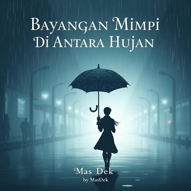 An animated novel cover design for 'Bayangan Mimpi Di Antara Hujan', featuring a silhouette of a man and woman walking in the rain, holding a large, decorative umbrella