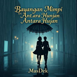 An animated novel cover design for 'Bayangan Mimpi Di Antara Hujan', featuring a silhouette of a man and woman walking in the rain, holding a large, decorative umbrella