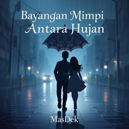 An animated novel cover design for 'Bayangan Mimpi Di Antara Hujan', featuring a silhouette of a man and woman walking in the rain, holding a large, decorative umbrella