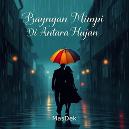 An enchanting animated novel cover design for 'Bayangan Mimpi Di Antara Hujan', featuring a silhouette of a man and woman walking under a colorful umbrella in the rain