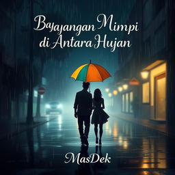 An enchanting animated novel cover design for 'Bayangan Mimpi Di Antara Hujan', featuring a silhouette of a man and woman walking under a colorful umbrella in the rain