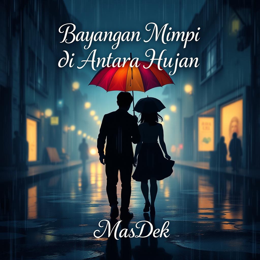 An enchanting animated novel cover design for 'Bayangan Mimpi Di Antara Hujan', featuring a silhouette of a man and woman walking under a colorful umbrella in the rain